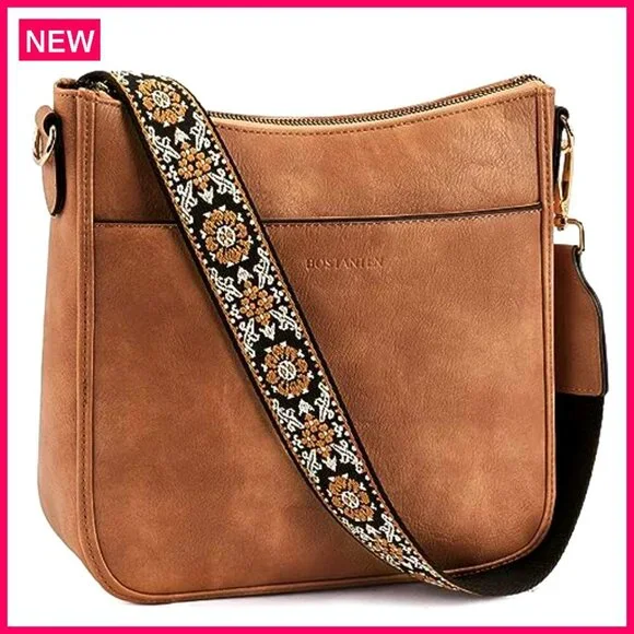 Vegan Leather Crossbody Bag with Wide Strap, Adjustable Hobo Purse - Picture 2 of 8